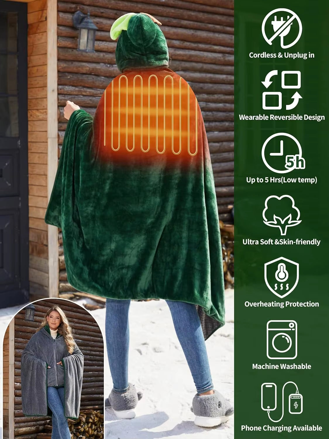 Double-Sided 5V Wireless Heated Blanket Washable Portable Heated Throw Blanket Hoodie 3 Heat Set for Car,Outdoor,Camping,Party
