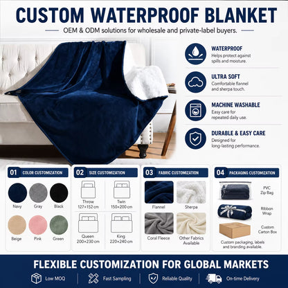 Custom Premium Luxury Sherpa Fleece Waterproof Sofa Bed Squirt Waterproof Blanket