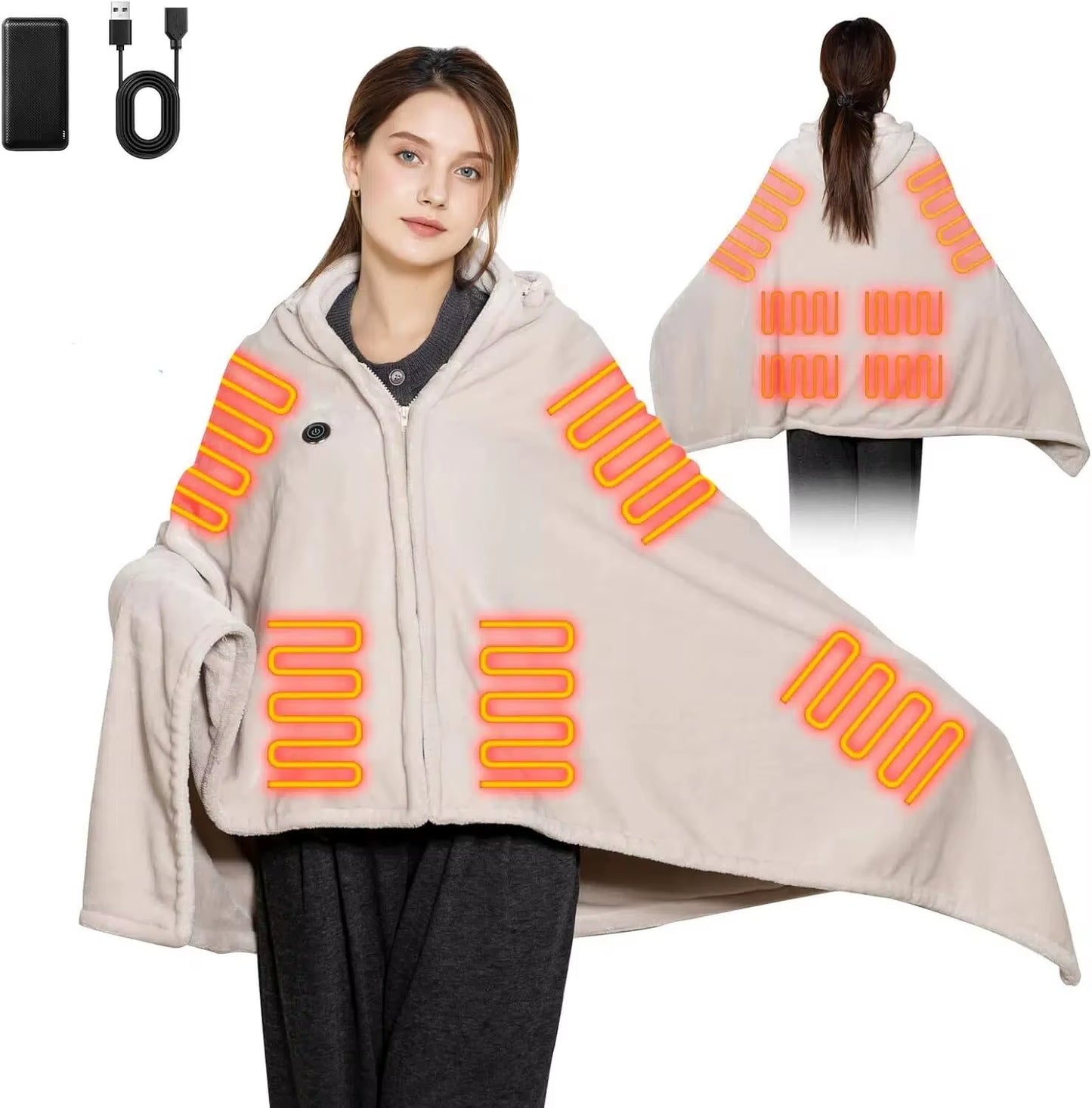 Double-Sided 5V Wireless Heated Blanket Washable Portable Heated Throw Blanket Hoodie 3 Heat Set for Car,Outdoor,Camping,Party