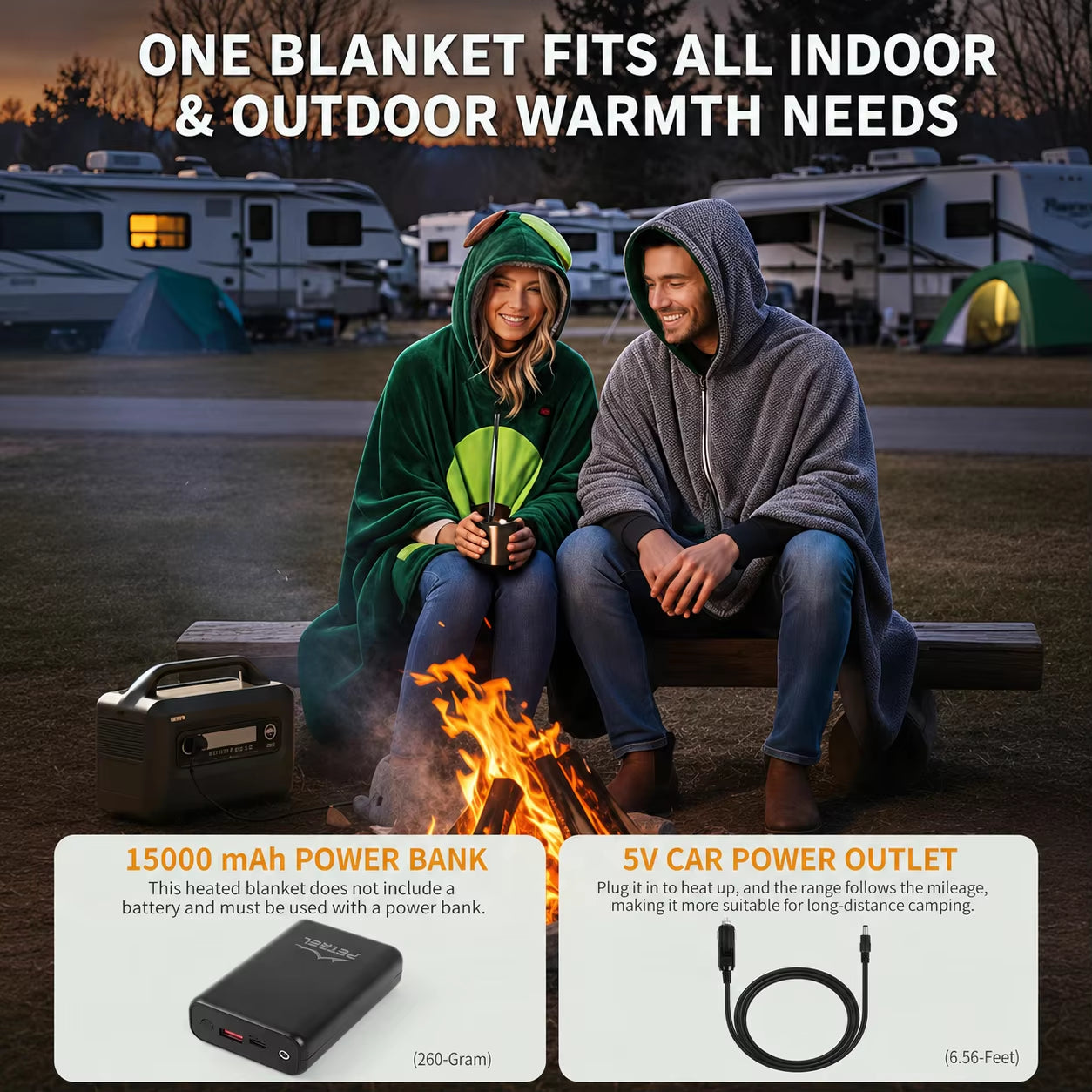 Double-Sided 5V Wireless Heated Blanket Washable Portable Heated Throw Blanket Hoodie 3 Heat Set for Car,Outdoor,Camping,Party